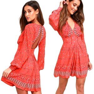 Free People‎ Red Coryn Coral Polka Dot Long Sleeve Fit And Flare Dress Size 0